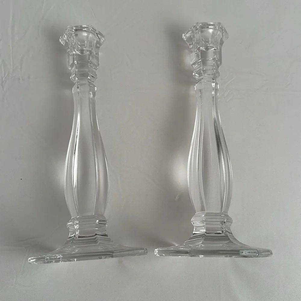Tiffany and Co Richmond clear crystal etched logo hexagon base candle sticks